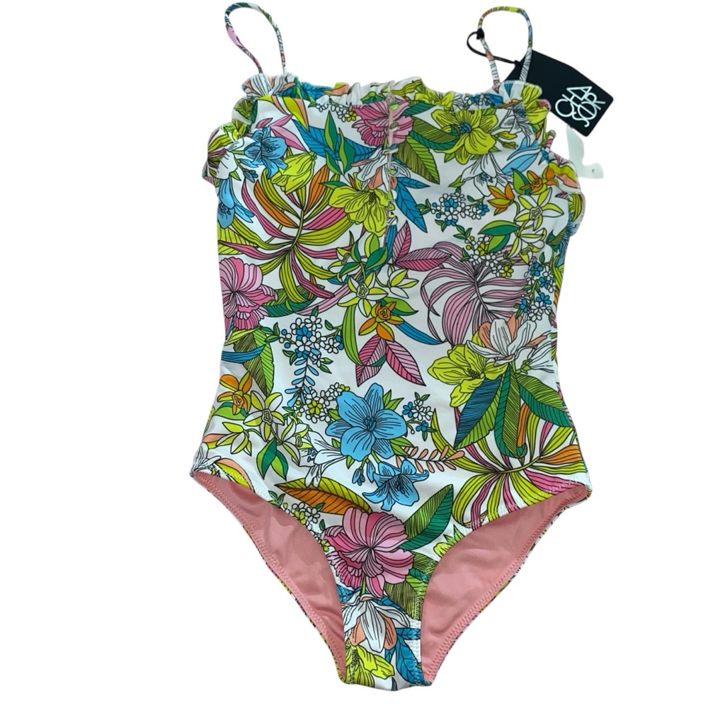 NWT CHASER Women’s One Piece Ruffled Swimsuit from Saks 5th Ave Floral Button Up